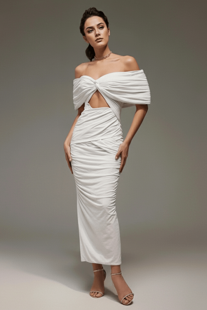 Off - Shoulder Ruched Bodycon Maxi Dress by Shine | Party dresses from Luxe Lane | SKU: HD10312-1 | Barcode:  | Options: White S(6) | Off - Shoulder Ruched Bodycon Maxi Dress