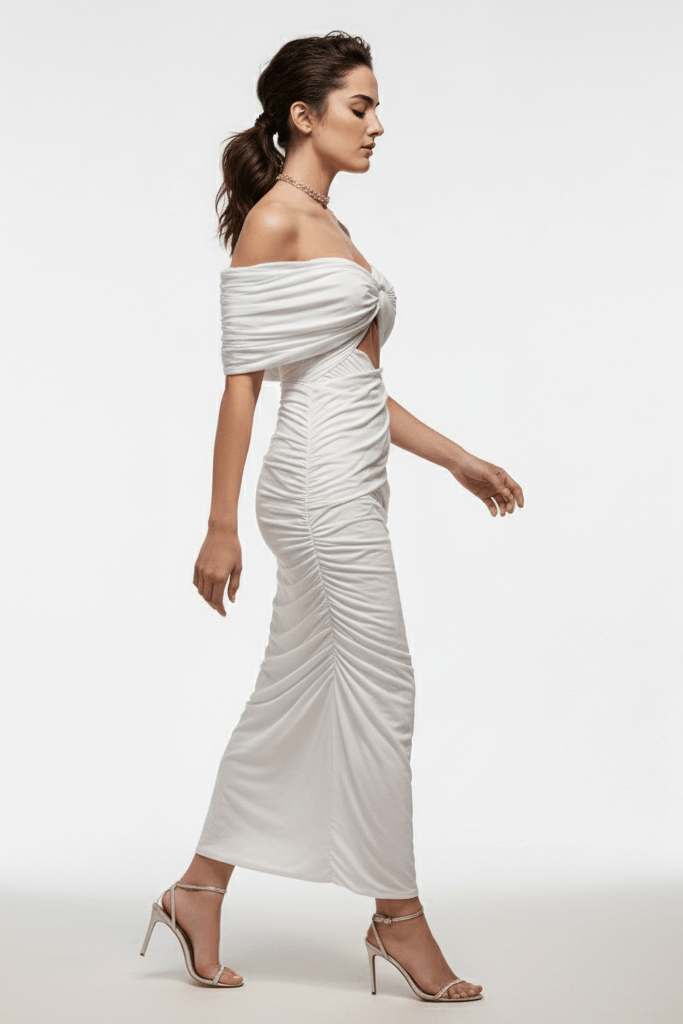 - ShoulderOff  Ruched Bodycon Maxi Dress by Shine | Party dresses from Luxe Lane | | Off - Shoulder Ruched Bodycon Maxi Dress