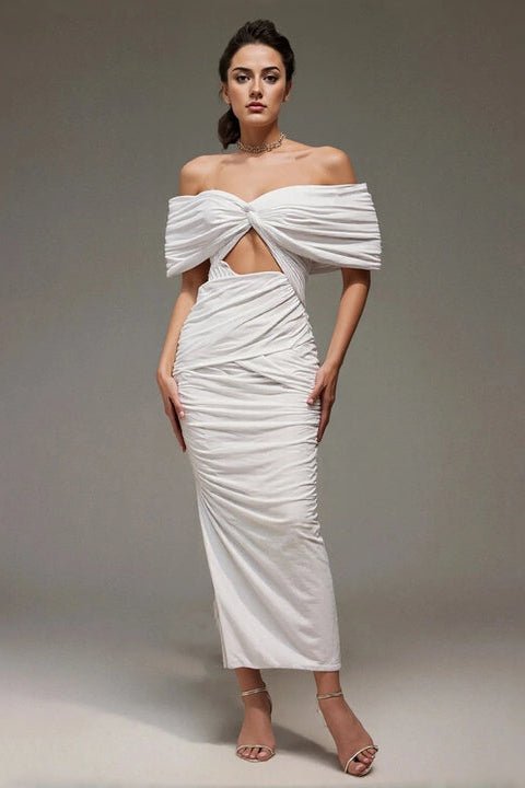 Off - Shoulder Ruched Bodycon Maxi Dress by Shine | Party dresses from  | SKU: -1 | :  | : White S(6) | Elegant White Off Shoulder Ruched Bodycon Maxi Women 2025 Formal Evening Gown Slim Fit Party Long Dress Fashion Wear