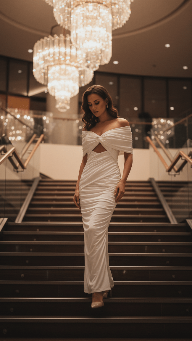 Off - Shoulder Ruched Bodycon Maxi Evening DressParty dressesWhiteS(6)Luxe Lane