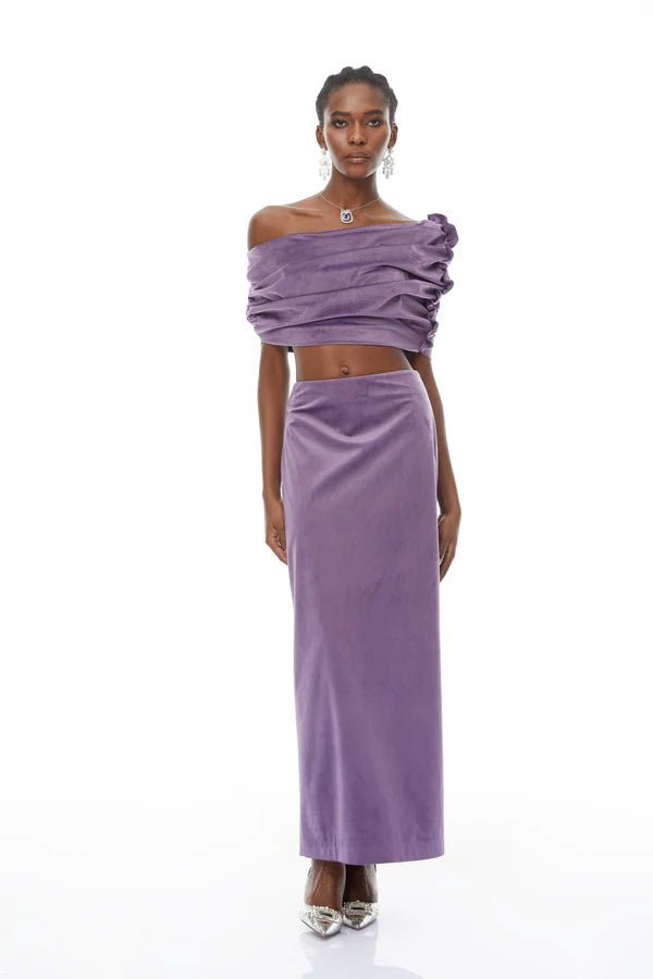 Off - Shoulder Ruched Velvet Two - Piece Maxi Skirt Set by Shine | one set from Luxe Lane | SKU: -1 | Barcode:  | Options: Purple S(2) | Off - Shoulder Ruched Velvet Two - Piece Maxi Skirt Set