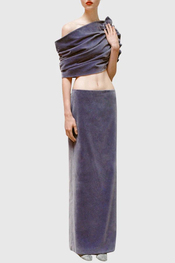 Off - Shoulder Ruched Velvet Two - Piece Maxi Skirt Set by Shine | one set from Luxe Lane | SKU: -1 | Barcode:  | Options: Purple S(2) | Off - Shoulder Ruched Velvet Two - Piece Maxi Skirt Set
