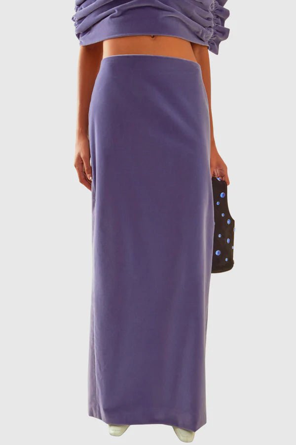 Off - Shoulder Ruched Velvet Two - Piece Maxi Skirt Set by Shine | one set from Luxe Lane | SKU: -1 | Barcode:  | Options: Purple S(2) | Off - Shoulder Ruched Velvet Two - Piece Maxi Skirt Set