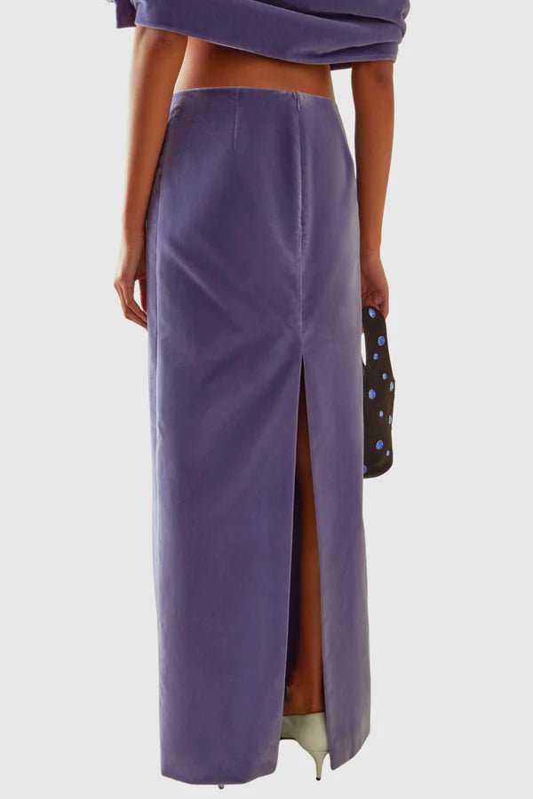 Off - Shoulder Ruched Velvet Two - Piece Maxi Skirt Set by Shine | one set from Luxe Lane | SKU: -1 | Barcode:  | Options: Purple S(2) | Off - Shoulder Ruched Velvet Two - Piece Maxi Skirt Set