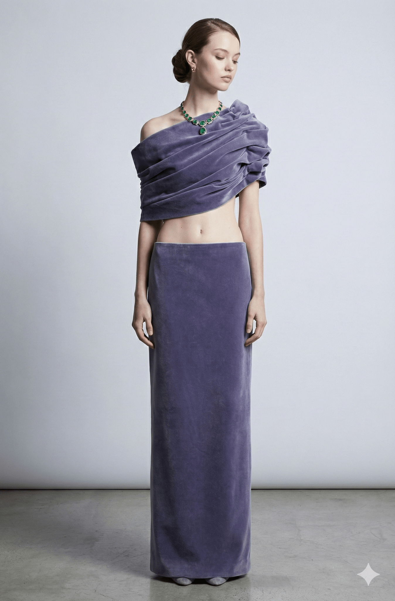 Off - Shoulder Ruched Velvet Two - Piece Maxi Skirt Set by Shine | one set from Luxe Lane | SKU: -1 | Barcode:  | Options: Purple S(2) | Off - Shoulder Ruched Velvet Two - Piece Maxi Skirt Set