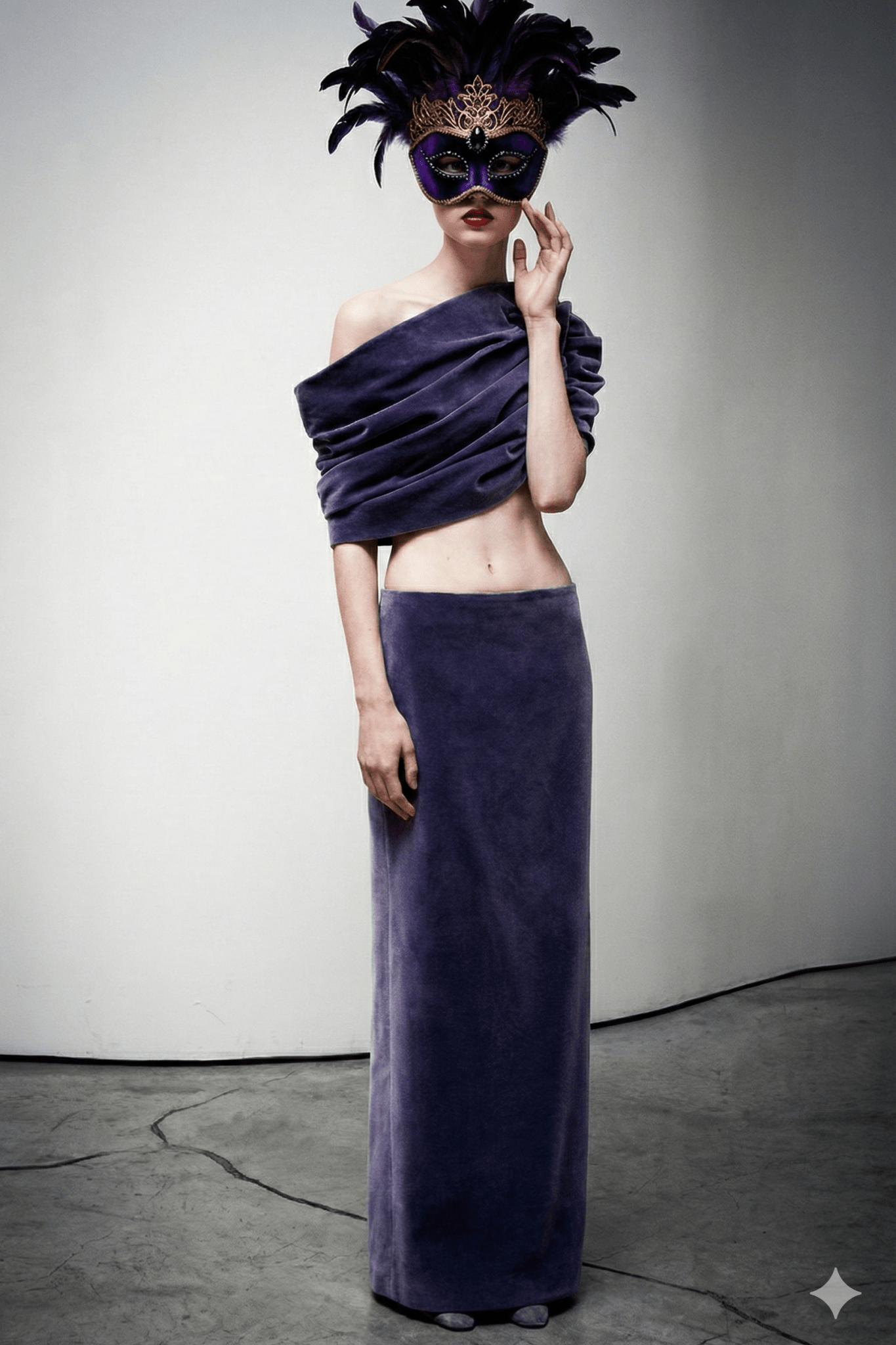 Off - Shoulder Ruched Velvet Two - Piece Maxi Skirt Set by Shine | one set from Luxe Lane | SKU: -1 | Barcode:  | Options: Purple S(2) | Person wearing a purple off - shoulder top and long skirt with a black feathered mask on a plain background