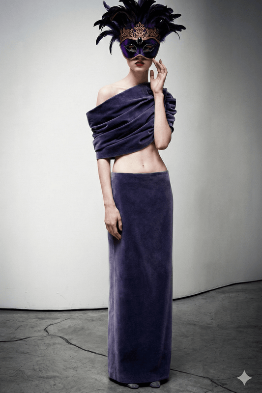 Off - Shoulder Ruched Velvet Two - Piece Maxi Skirt Set by Shine | one set from Luxe Lane | SKU: -1 | Barcode:  | Options: Purple S(2) | Person wearing a purple off - shoulder top and long skirt with a black feathered mask on a plain background