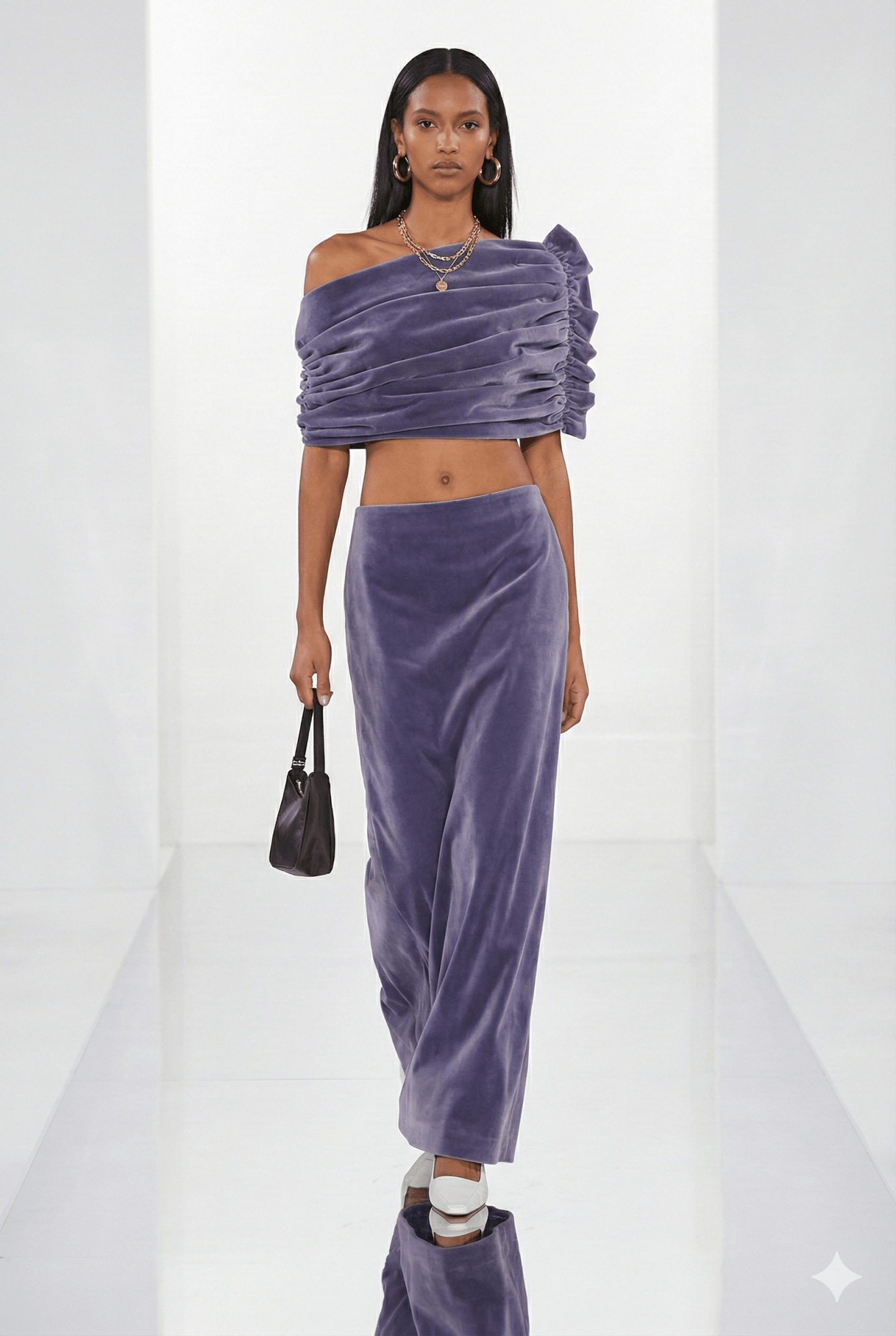 Off - Shoulder Ruched Velvet Two - Piece Maxi Skirt Set by Shine | one set from Luxe Lane | SKU: -1 | Barcode:  | Options: Purple S(2) | Off - Shoulder Ruched Velvet Two - Piece Maxi Skirt Set
