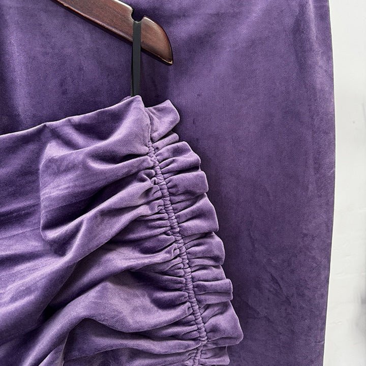 Off - Shoulder Ruched Velvet Two - Piece Maxi Skirt Set by Shine | one set from Luxe Lane | SKU: -1 | Barcode:  | Options: Purple S(2) | Custom Designer High End Off Shoulder Ruched Crop Top Long Skirt Elegant Purple Velvet Two Piece Skirt Set for Club Party