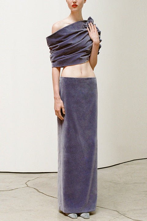 Off - Shoulder Ruched Velvet Two - Piece Maxi Skirt Set by Shine | one set from Luxe Lane | SKU: -1 | Barcode:  | Options: Purple S(2) | Custom Designer High End Off Shoulder Ruched Crop Top Long Skirt Elegant Purple Velvet Two Piece Skirt Set for Club Party