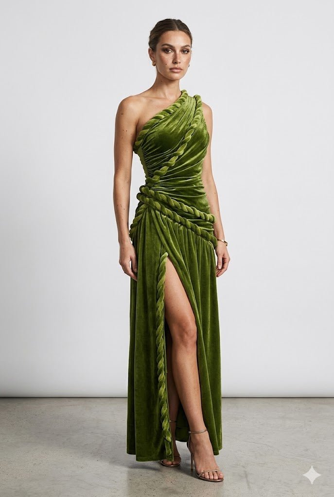 Olive Velvet One Shoulder Maxi DressEvening DressesGreenS(2)greenLuxe Lane