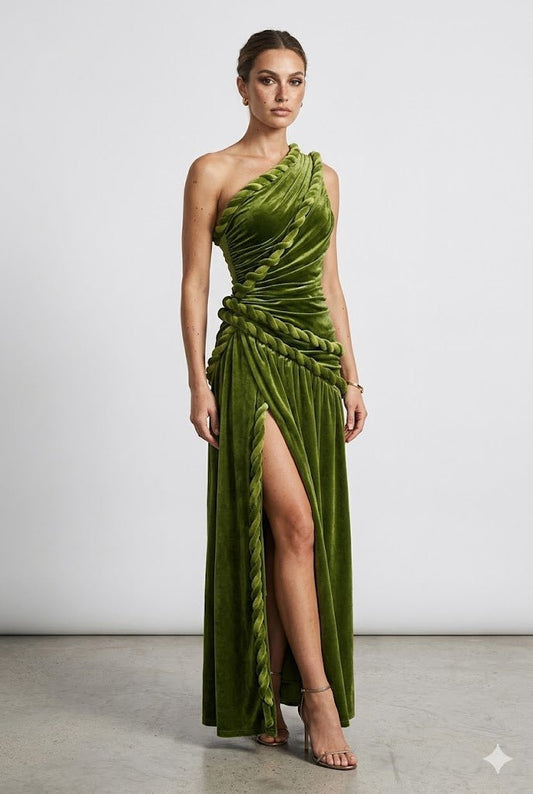 Olive Velvet One Shoulder Maxi DressEvening DressesGreenS(2)greenLuxe Lane