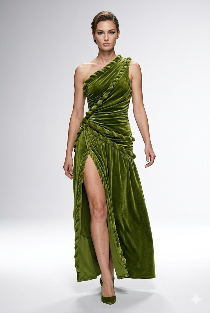 Olive Velvet One Shoulder Maxi DressEvening DressesGreenS(2)greenLuxe Lane