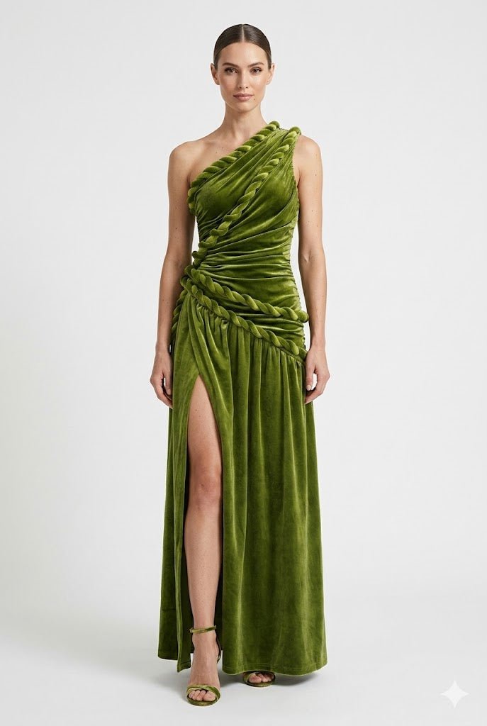 Olive Velvet One Shoulder Maxi DressEvening DressesGreenS(2)greenLuxe Lane