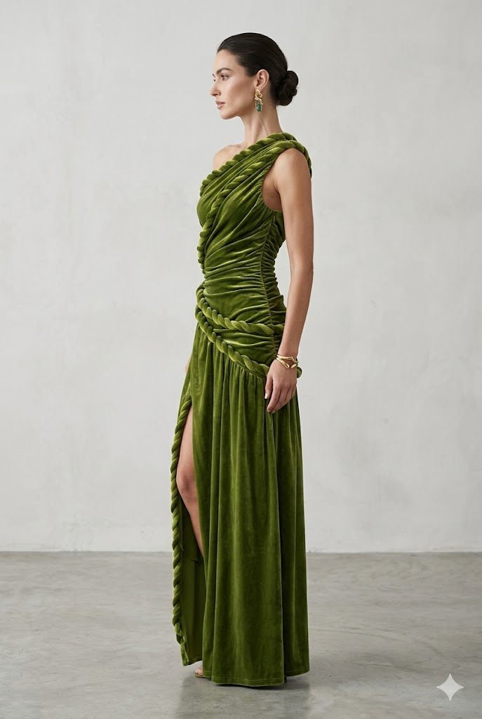 Olive Velvet One Shoulder Maxi DressEvening DressesGreenS(2)greenLuxe Lane