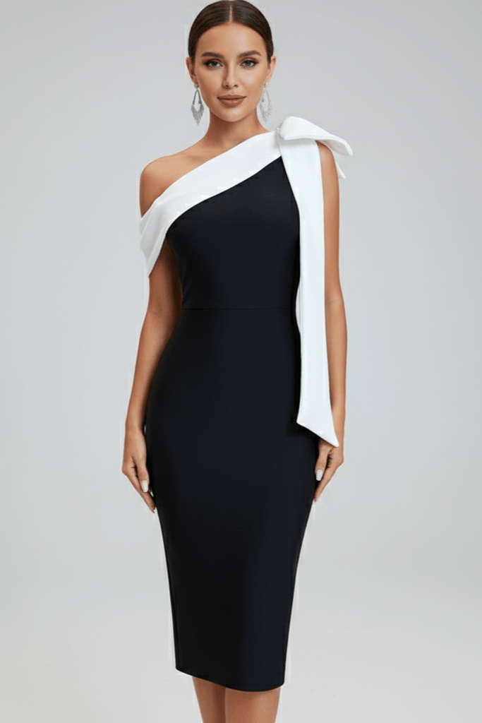 One - Shoulder Bow Midi Dress by Luxe Lane | from Luxe Lane | SKU:  | Barcode:  | Options: Black M | One - Shoulder Bow Midi Dress