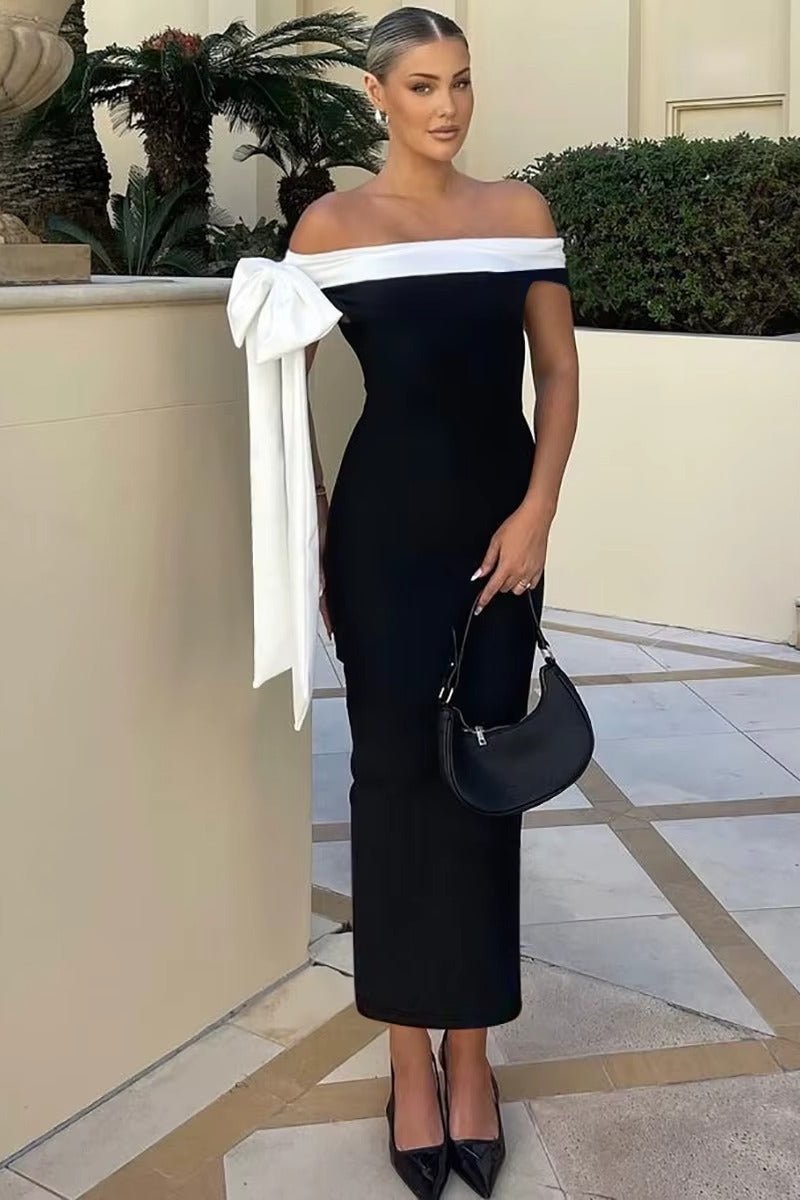 One - Shoulder Bow Midi Dress by Luxe Lane | from Luxe Lane | SKU:  | Barcode:  | Options: Black M | One - Shoulder Bow Midi Dress