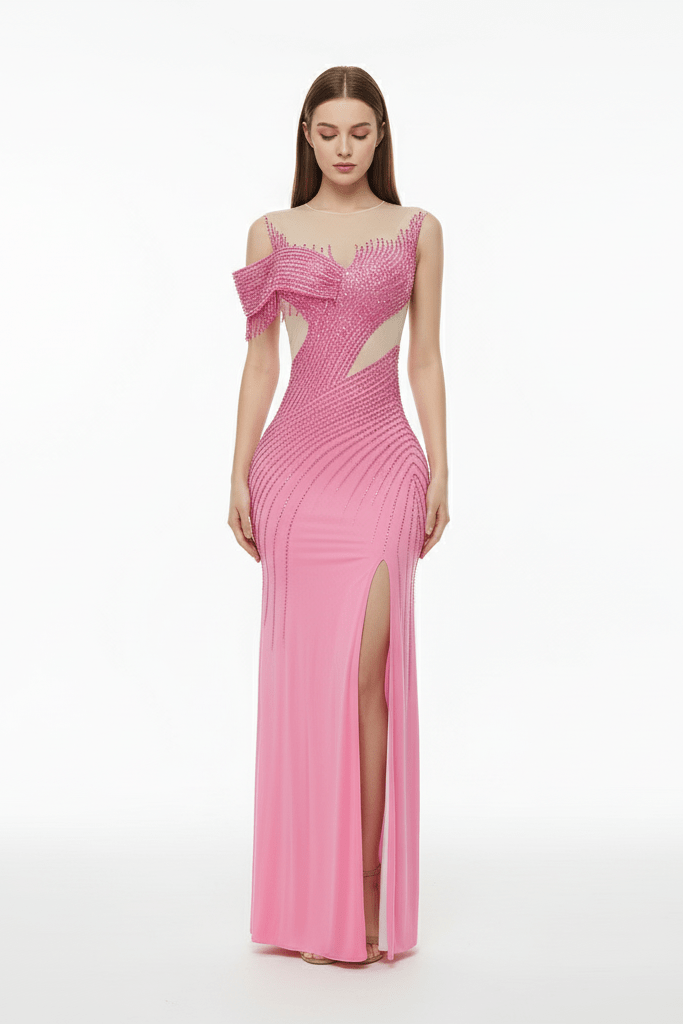 One - Shoulder Diamond High Slit Evening Gown by Shine | empire gown from Luxe Lane | SKU: -1 | Barcode:  | Options: pink mesh S(6) | One - Shoulder Diamond High Slit Evening Gown