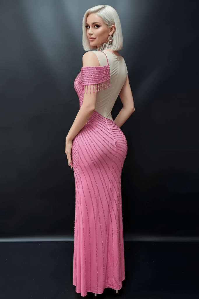 One - Shoulder Diamond High Slit Evening Gown by Shine | empire gown from Luxe Lane | SKU: -1 | Barcode:  | Options: pink mesh S(6) | One - Shoulder Diamond High Slit Evening Gown