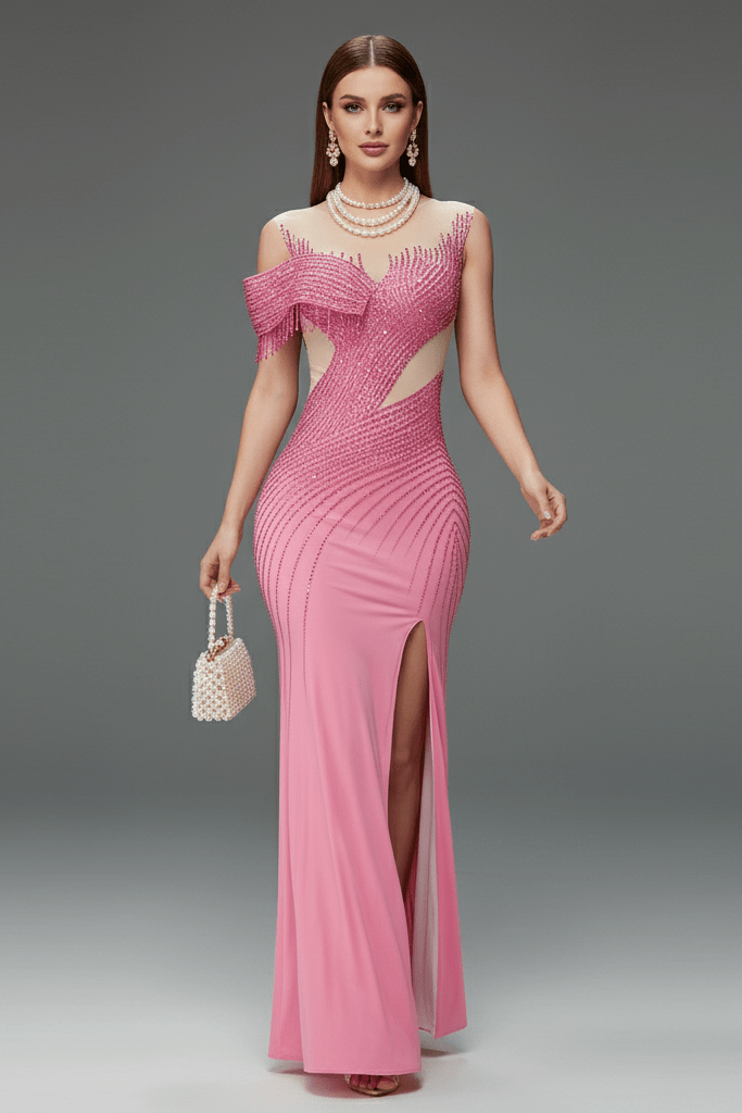 One - Shoulder Diamond High Slit Evening Gown by Shine | empire gown from Luxe Lane | SKU: -1 | Barcode:  | Options: pink mesh S(6) | One - Shoulder Diamond High Slit Evening Gown