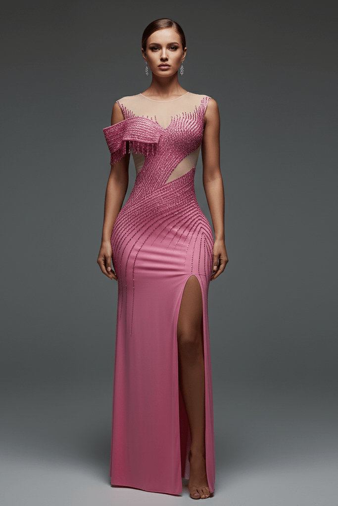 One - Shoulder Diamond High Slit Evening Gown by Shine | empire gown from Luxe Lane | SKU: -1 | Barcode:  | Options: pink mesh S(6) | One - Shoulder Diamond High Slit Evening Gown
