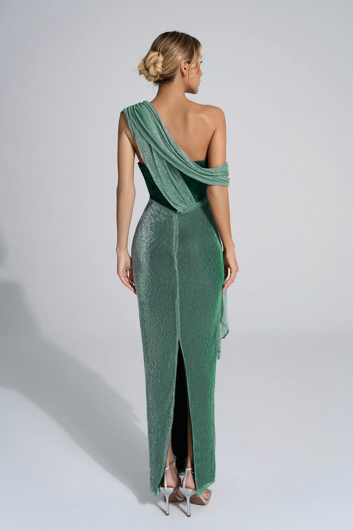 One Shoulder Draped Bodycon Maxi Evening Dress by Luxe Lane | from Luxe Lane | SKU: -1 | Barcode:  | Options: Green S(6) | Woman wearing a green evening gown with a draped back design on a white background