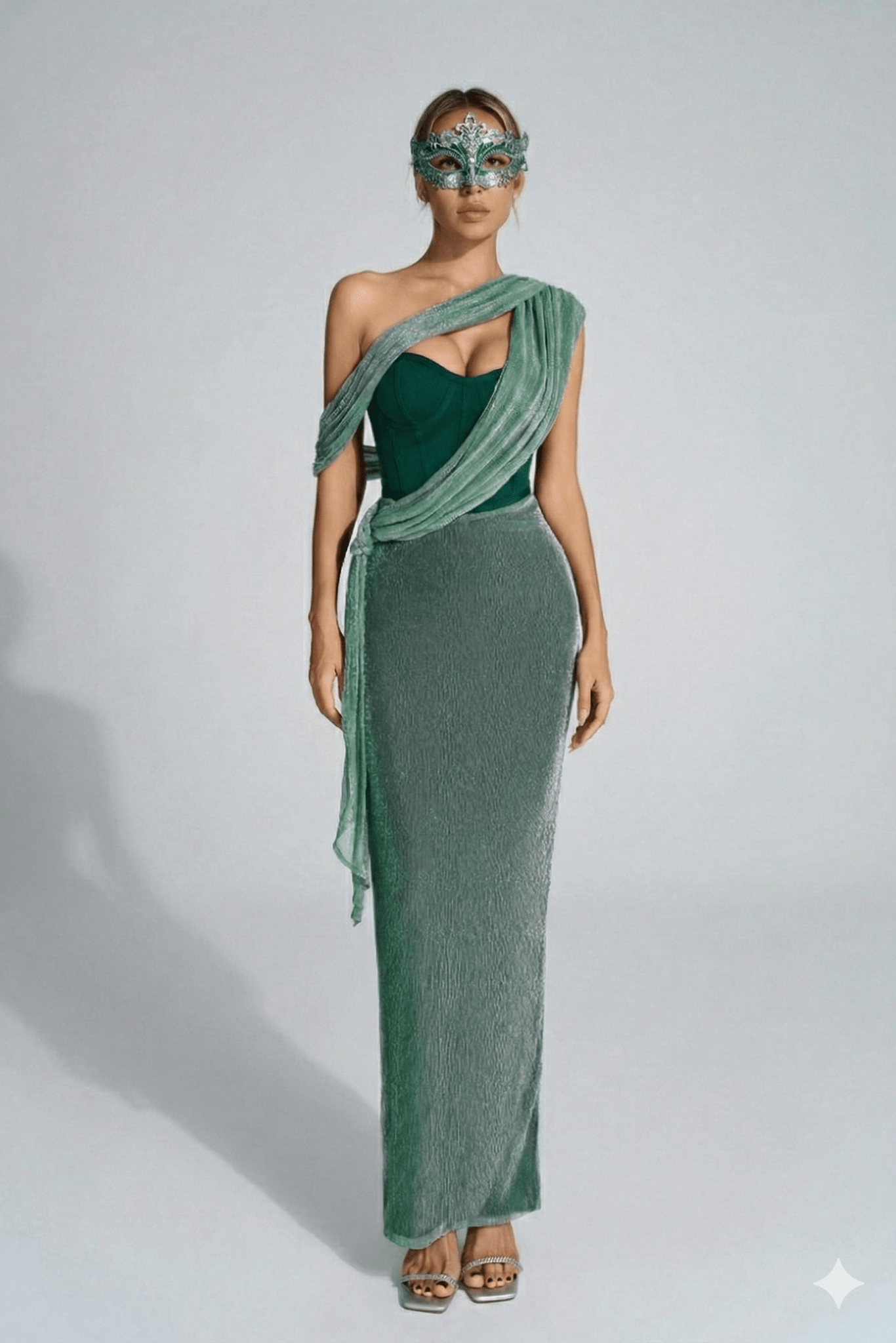 One Shoulder Draped Bodycon Maxi Evening Dress by Luxe Lane | from Luxe Lane | SKU: -1 | Barcode:  | Options: Green S(6) | Woman wearing a green evening gown with a matching mask on a white background