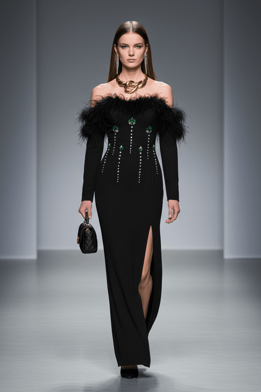 One - Shoulder Feather Bandage Evening Dress by Shine | from Luxe Lane | SKU: -1 | Barcode:  | Options: Black S(6) | One - Shoulder Feather Bandage Evening Dress