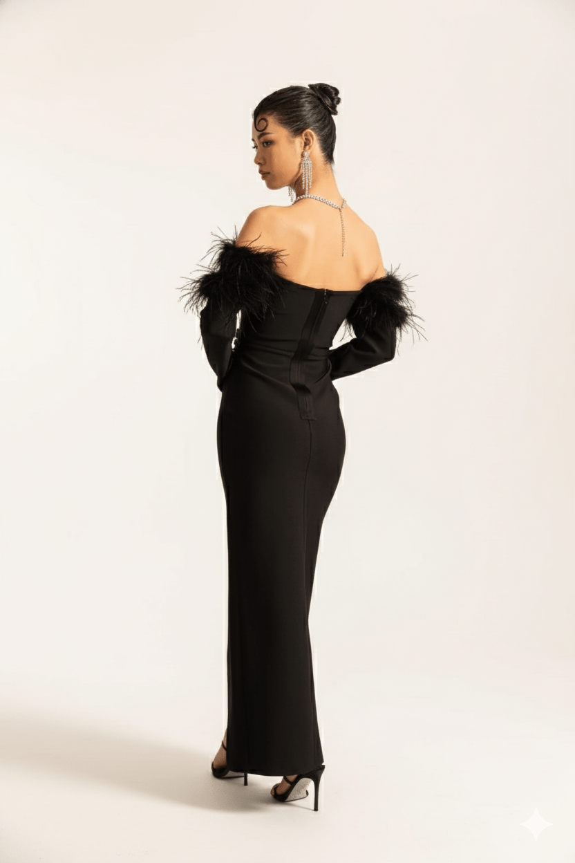 One - Shoulder Feather Bandage Evening Dress by Shine | from Luxe Lane | SKU: -1 | Barcode:  | Options: Black S(6) | One - Shoulder Feather Bandage Evening Dress