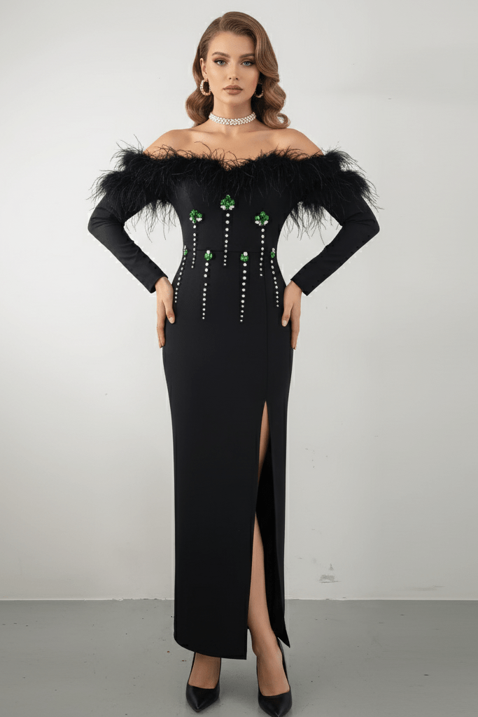 One - Shoulder Feather Bandage Evening Dress by Shine | from Luxe Lane | SKU: -1 | Barcode:  | Options: Black S(6) | One - Shoulder Feather Bandage Evening Dress