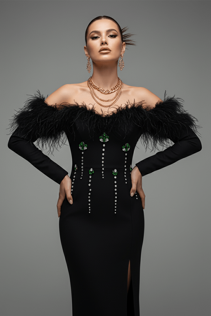 One - Shoulder Feather Bandage Evening Dress by Shine | from Luxe Lane | SKU: -1 | Barcode:  | Options: Black S(6) | One - Shoulder Feather Bandage Evening Dress