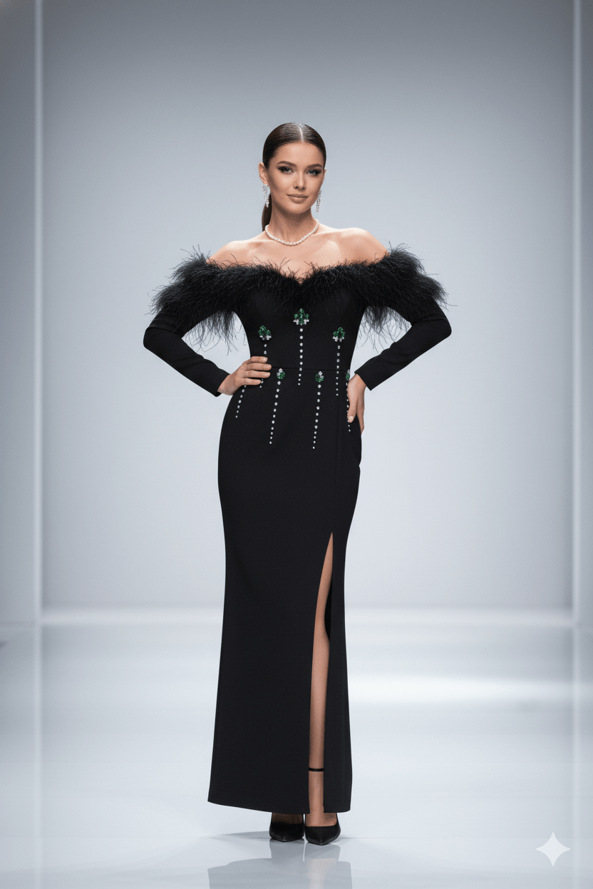 One - Shoulder Feather Bandage Evening Dress by Shine | from Luxe Lane | SKU: -1 | Barcode:  | Options: Black S(6) | One - Shoulder Feather Bandage Evening Dress