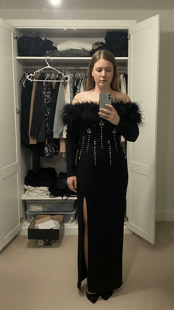 One Shoulder Feather Trim Bandage Evening GownBlackS(6)Luxe Lane