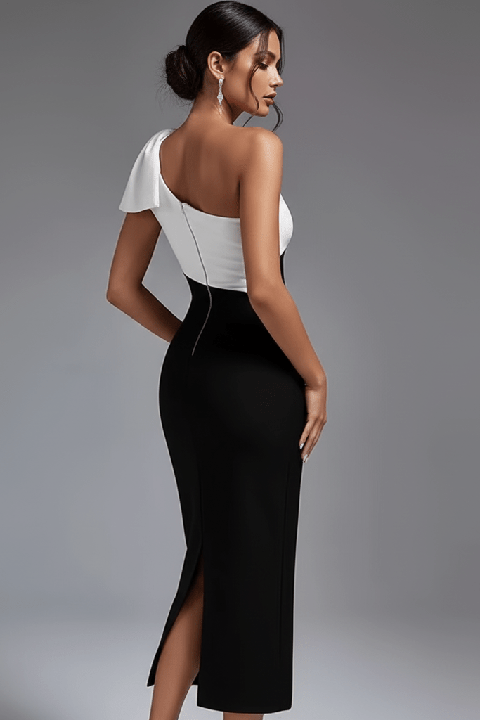 One - Shoulder Maxi Bodycon Dress by Shine | from Luxe Lane | SKU: -1 | Barcode:  | Options: White Black S(6) | Woman wearing a black and white dress with a gray background