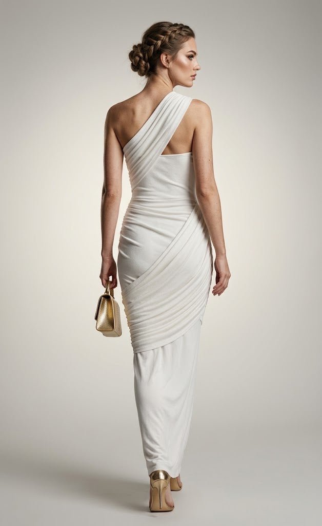 One Shoulder Ruched Maxi DressParty DressesWhiteS(2)Luxe Lane