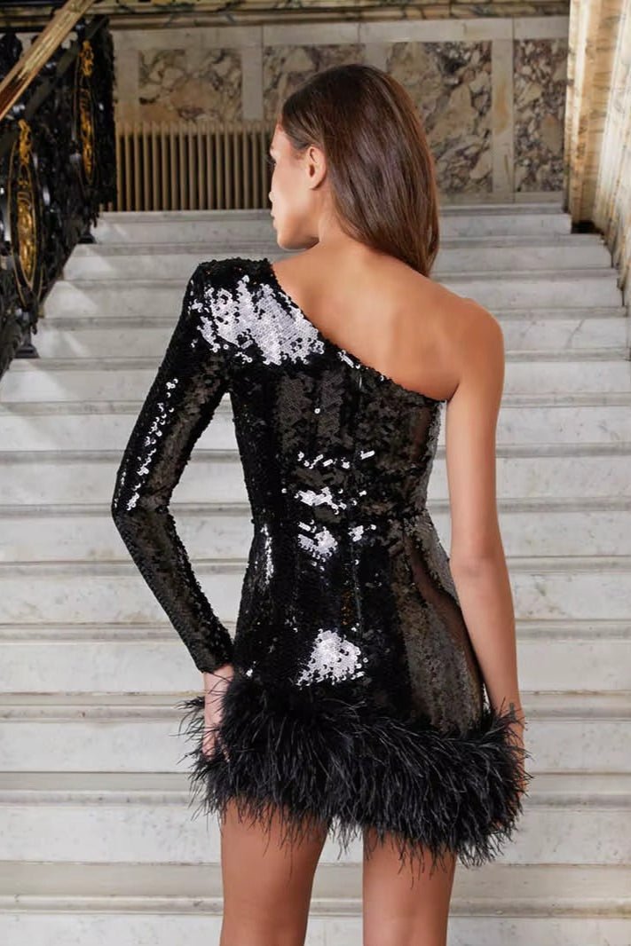 One - Shoulder Sequin Mini Dress by Luxe Lane | from Luxe Lane | SKU:  | Barcode:  | Options: Black S | One - Shoulder Sequin Mini Dress