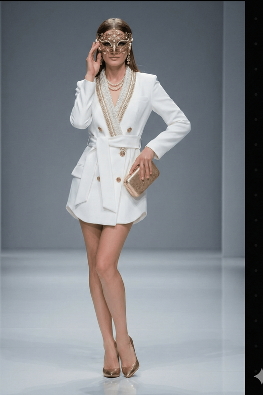 Ophelia Double - Breasted Long Formal Blazer by Luxe Lane | Blazer from Luxe Lane | SKU: W11226-7 | Barcode:  | Options: White S(6) | Ophelia Double - Breasted Long Formal Blazer