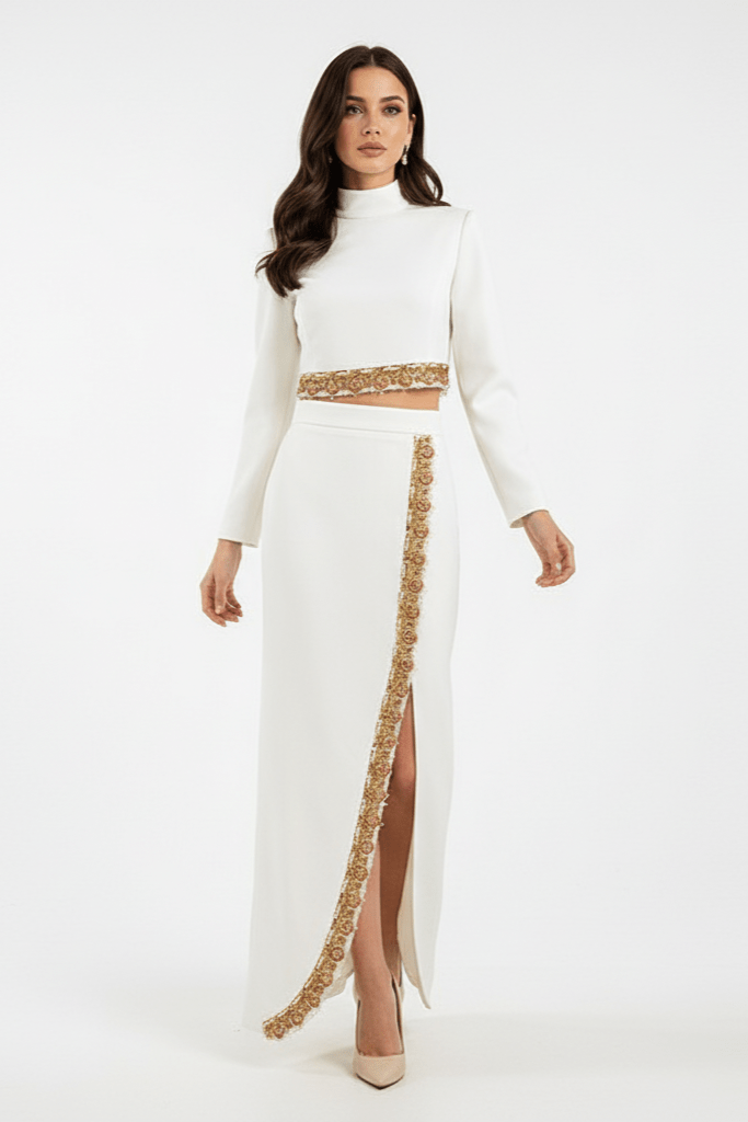 Ophelia White Beaded Skirt Set by Shine | Clothing Set from Luxe Lane | SKU: W11338-1 | Barcode:  | Options: White S | Ophelia White Beaded Skirt Set