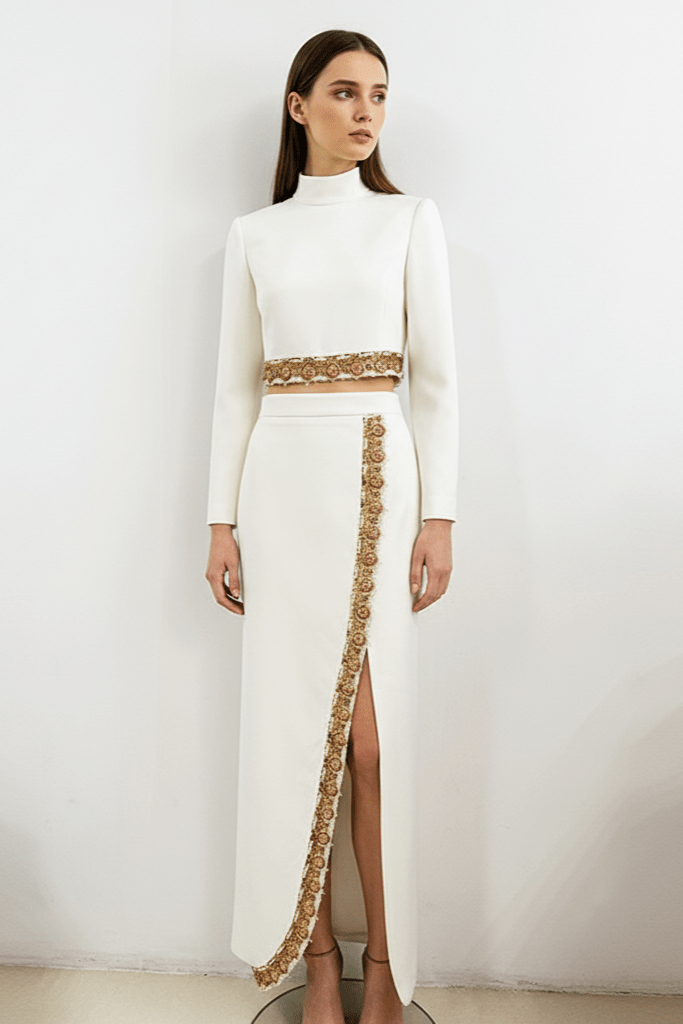 Ophelia White Beaded Skirt Set by Shine | Clothing Set from Luxe Lane | SKU: W11338-1 | Barcode:  | Options: White S | Ophelia White Beaded Skirt Set