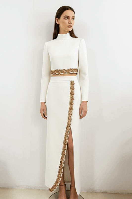 Ophelia White Beaded Skirt Set by Shine | Clothing Set from Luxe Lane | SKU: W11338-1 | Barcode:  | Options: White S | Ophelia White Beaded Skirt Set