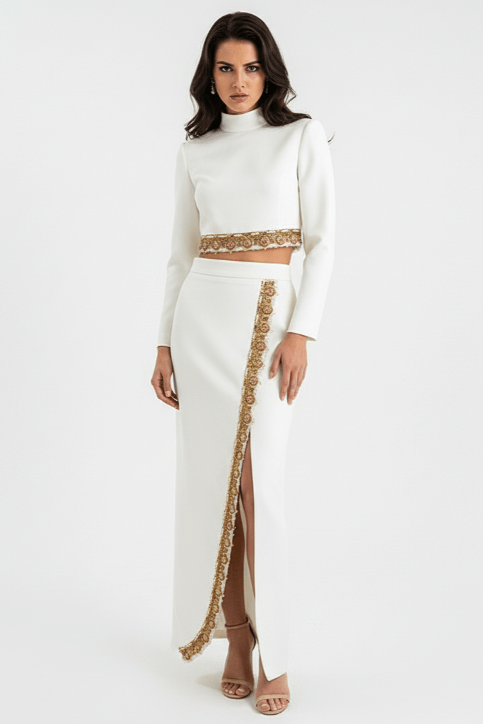 Ophelia White Beaded Skirt Set by Shine | Clothing Set from Luxe Lane | SKU: W11338-1 | Barcode:  | Options: White S | Ophelia White Beaded Skirt Set