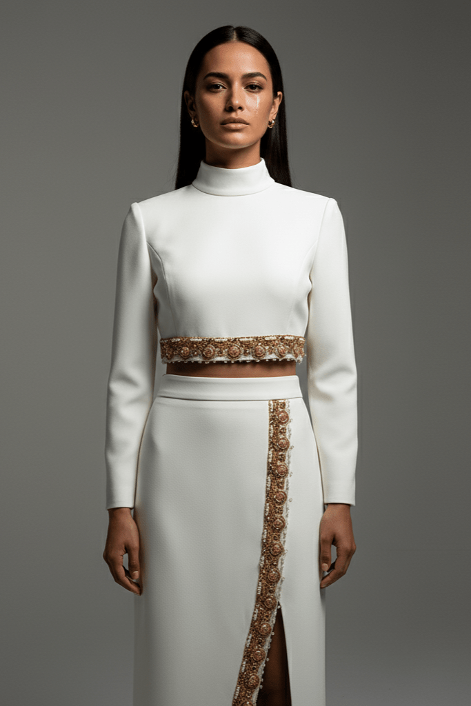 Ophelia White Beaded Skirt Set by Shine | Clothing Set from Luxe Lane | SKU: W11338-1 | Barcode:  | Options: White S | Ophelia White Beaded Skirt Set