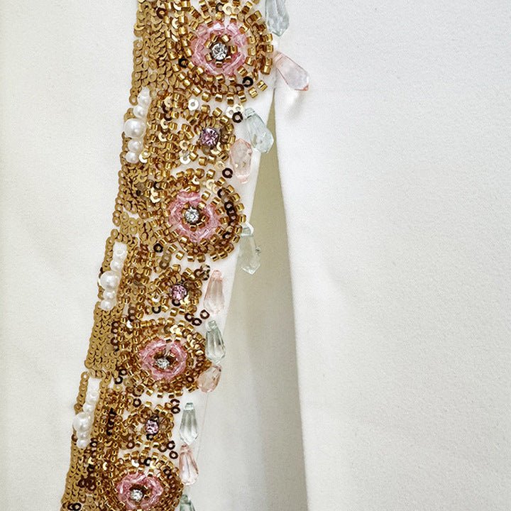 Ophelia White Beaded Skirt Set by Shine | Clothing Set from Luxe Lane | SKU: W11338-1 | Barcode:  | Options: White S | Designer Clothing White High Neck Long Sleeve Gold Floral Beaded Two Piece Maxi Skirt Set Manufacturers for Custom Clothes Set