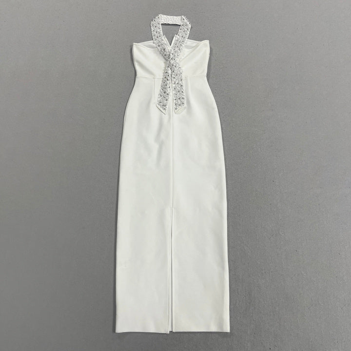 Pearl Beaded Halter Bodycon Maxi Evening Dress by Luxe Lane | heath gown from Luxe Lane | SKU:  | Barcode:  | Options: White S(6) | OEM Custom Luxury Pearls Beaded Halter Maxi Dress Elegant Women White Evening Gown Bodycon Long Formal Party Dresses