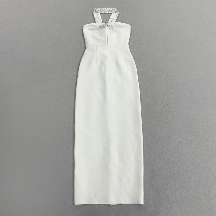 Pearl Beaded Halter Bodycon Maxi Evening Dress by Luxe Lane | heath gown from Luxe Lane | SKU:  | Barcode:  | Options: White S(6) | OEM Custom Luxury Pearls Beaded Halter Maxi Dress Elegant Women White Evening Gown Bodycon Long Formal Party Dresses