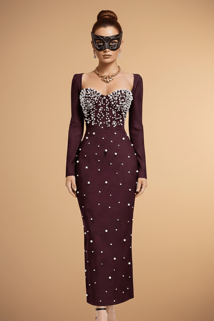 Pearl Beaded Long Sleeve Bodycon Maxi Evening DressredS(6)redLuxe Lane