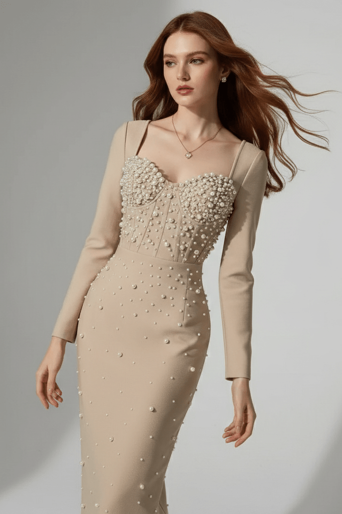 Pearl Beaded Long Sleeve Bodycon Maxi Evening DressredS(6)redLuxe Lane