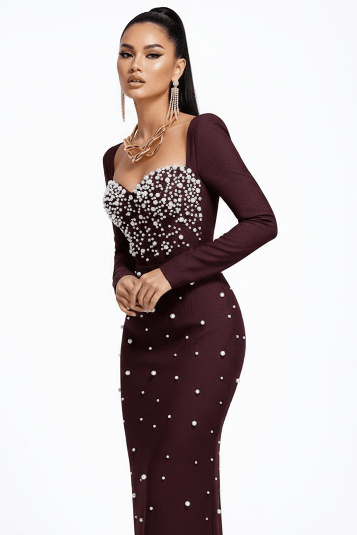 Pearl Beaded Long Sleeve Bodycon Maxi Evening DressredS(6)redLuxe Lane