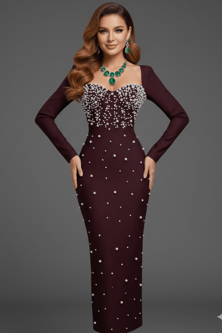 Pearl Beaded Long Sleeve Bodycon Maxi Evening DressredS(6)redLuxe Lane