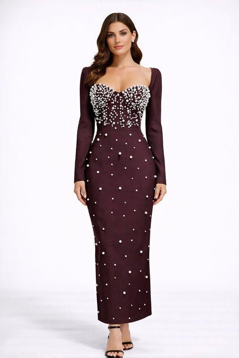 Pearl Beaded Long Sleeve Bodycon Maxi Evening DressredS(6)redLuxe Lane